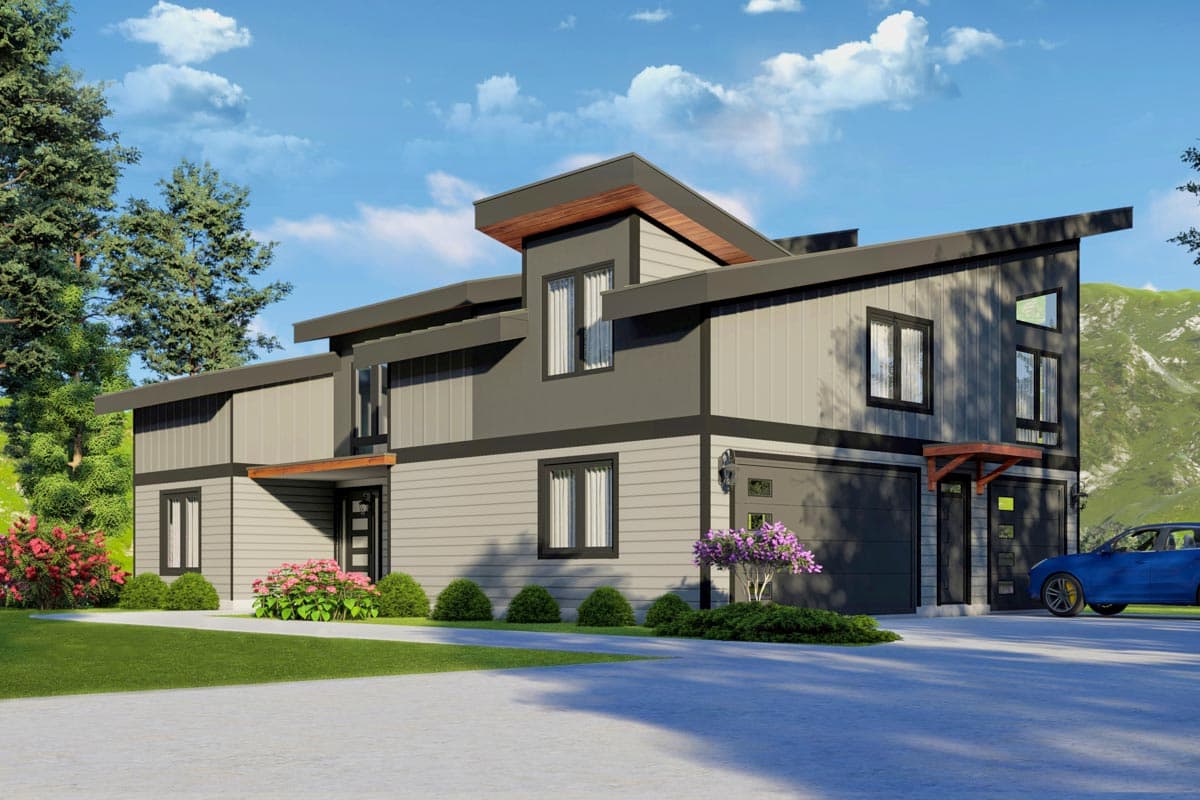 House plan exterior. Two-story Modern house with flat rooflines, a two-car garage, and vertical siding. Features include large windows.