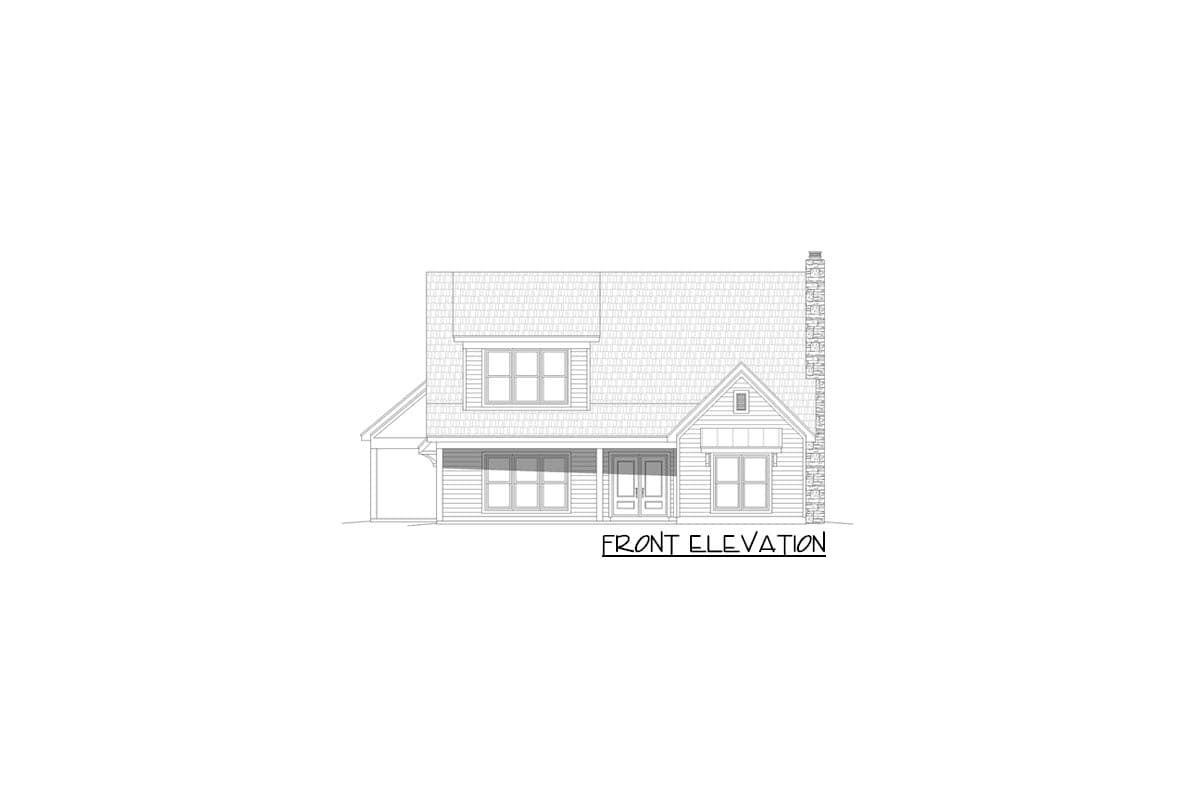 Front elevation drawing of a two-story house with a covered porch, gabled dormer, and stone chimney.