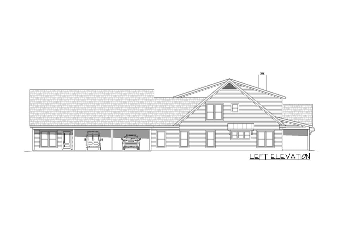 Left elevation house plan drawing shows a multi-level home with attached carport, gable dormer, and prominent rooflines.