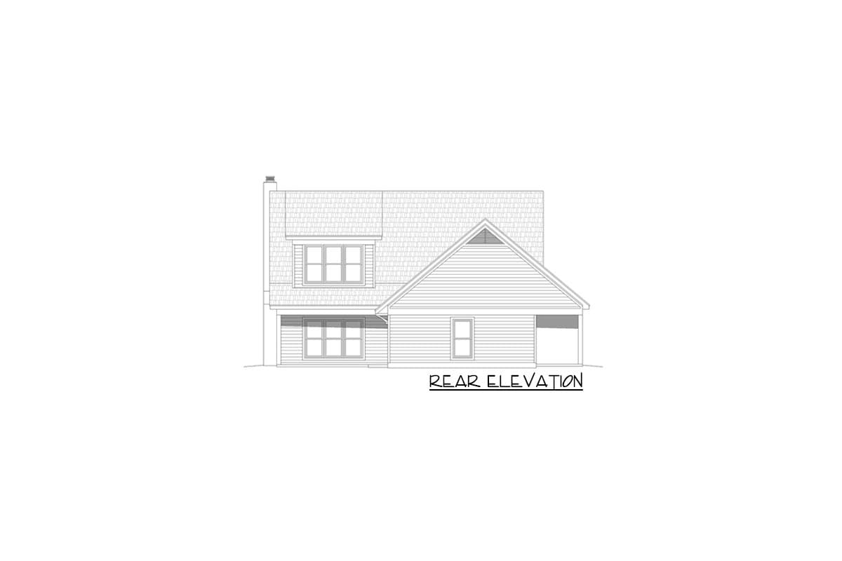 Rear elevation drawing of a two-story house plan with a dormer, gabled roof section, and attached garage.