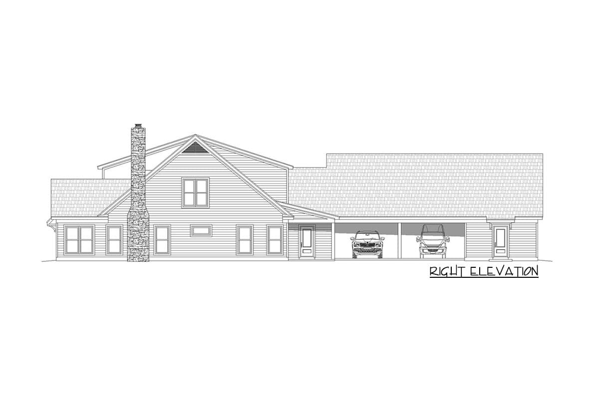 Right elevation house plan showing a two-story structure with gables, a stone chimney, and a two-car carport.