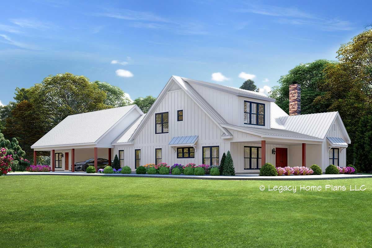 House plan exterior. Modern Farmhouse style, two stories, with a gabled roofline, front porch, and attached carport garage.