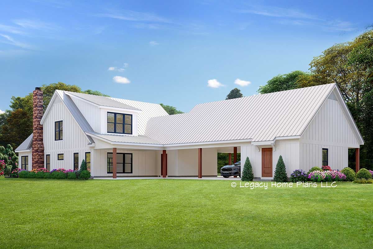 Modern Farmhouse house plan exterior with metal roof, gabled dormers, stone chimney, and attached carport.