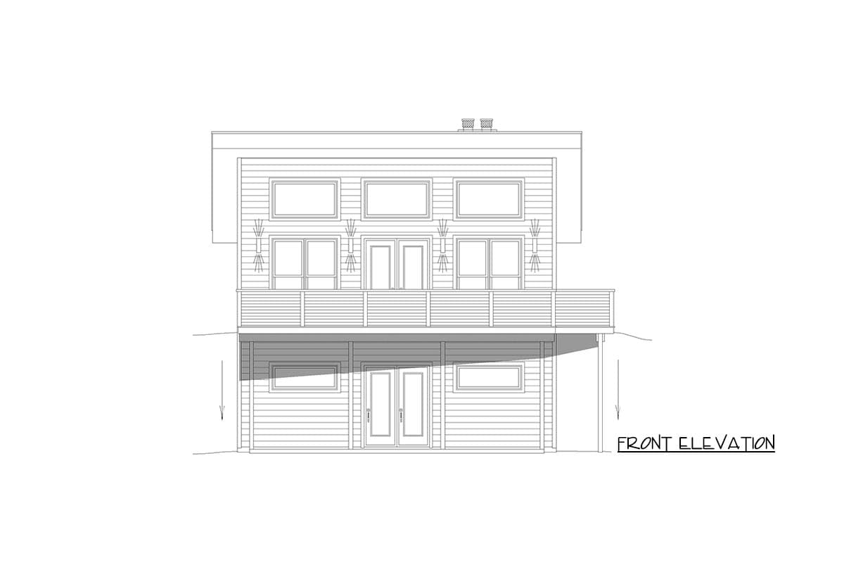 Front elevation drawing of a two-story house with a flat roof, horizontal siding, multiple windows, and a balcony.