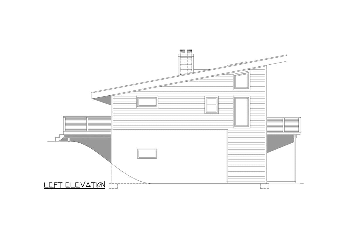 Left elevation drawing of a multi-story house plan with a sloped roof, various windows, and a deck.