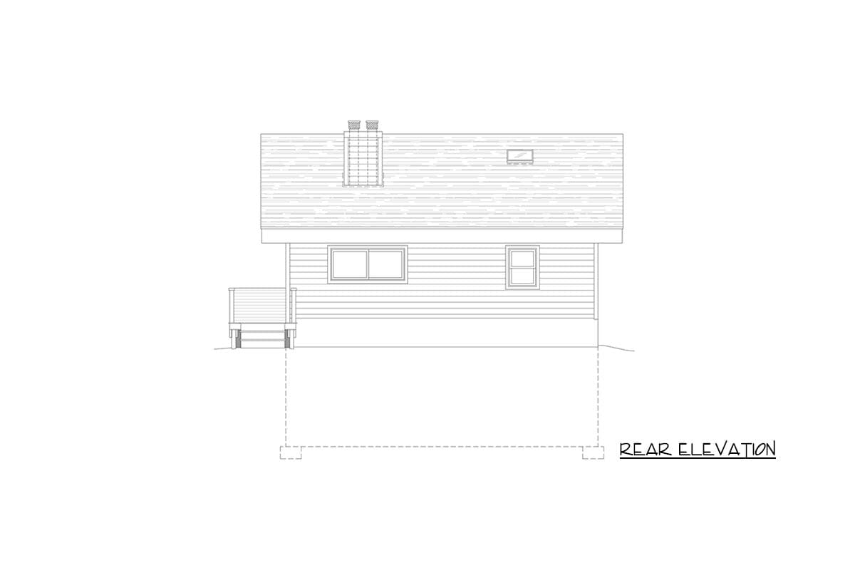 Rear elevation drawing of a house plan with horizontal siding, a small deck, two chimneys, and a dormer window.