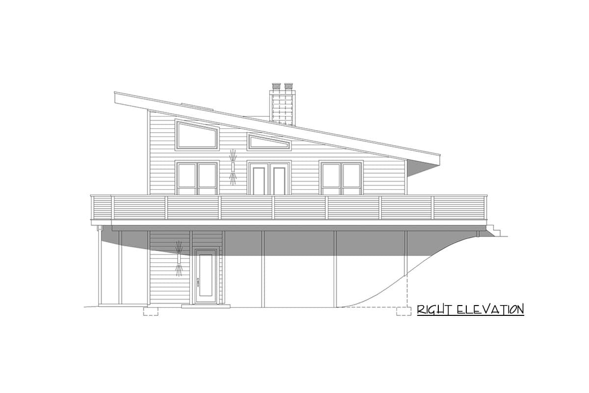 Right elevation drawing of a two-story house with a sloped roof, deck, and exposed lower level.