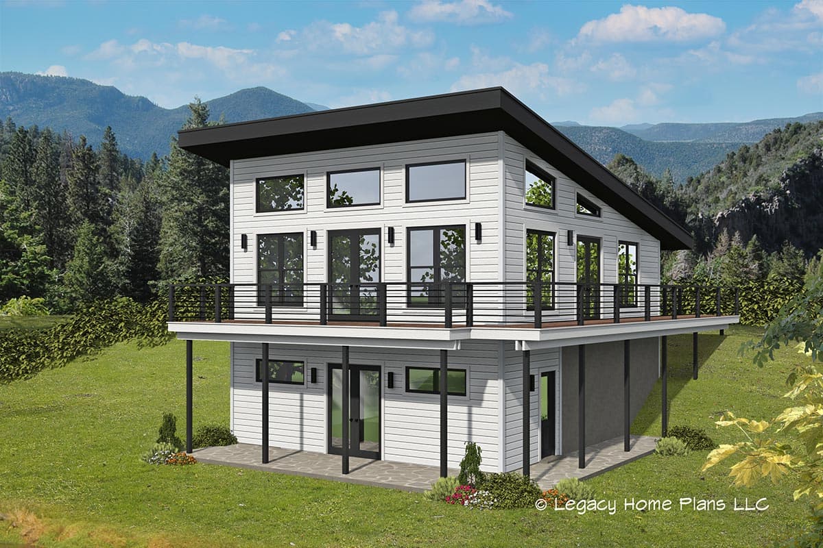 House plan exterior featuring Modern style, two stories, with a flat roof, balcony, and black-framed windows.