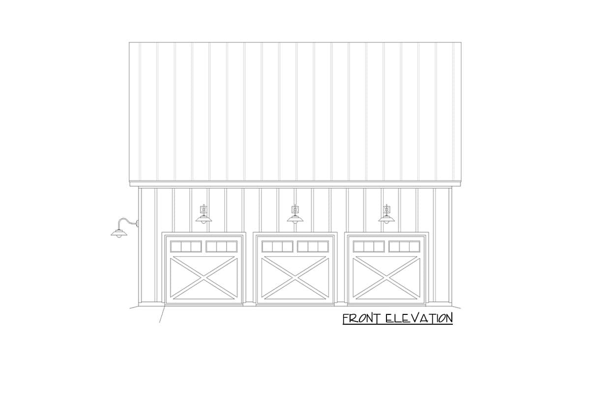 Front elevation drawing of a three-car garage with barn-style doors and three overhead light fixtures.