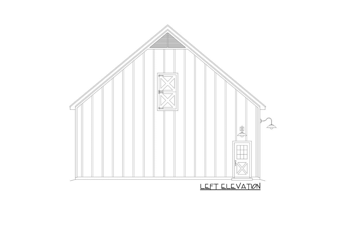 Left elevation drawing of a house with vertical siding, a gable vent, a barn-style window, and a door with X-pane.
