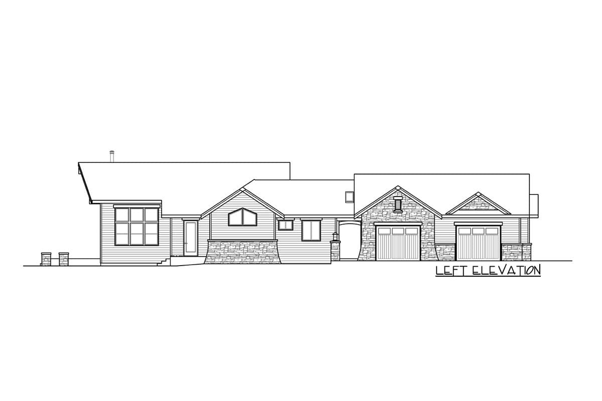 Left elevation drawing of a house plan with two garage doors, stone accents, and multiple rooflines.