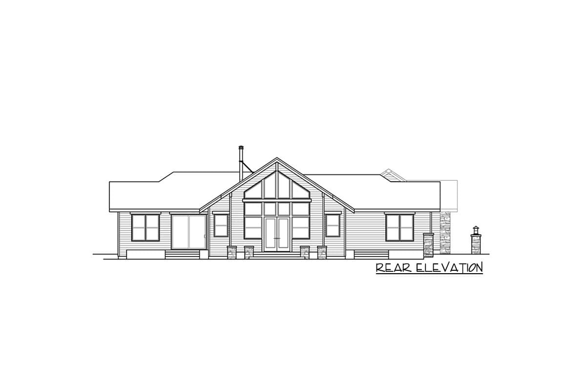 Rear elevation drawing of a single-story house with a gabled roof, large central windows, and a side entrance.