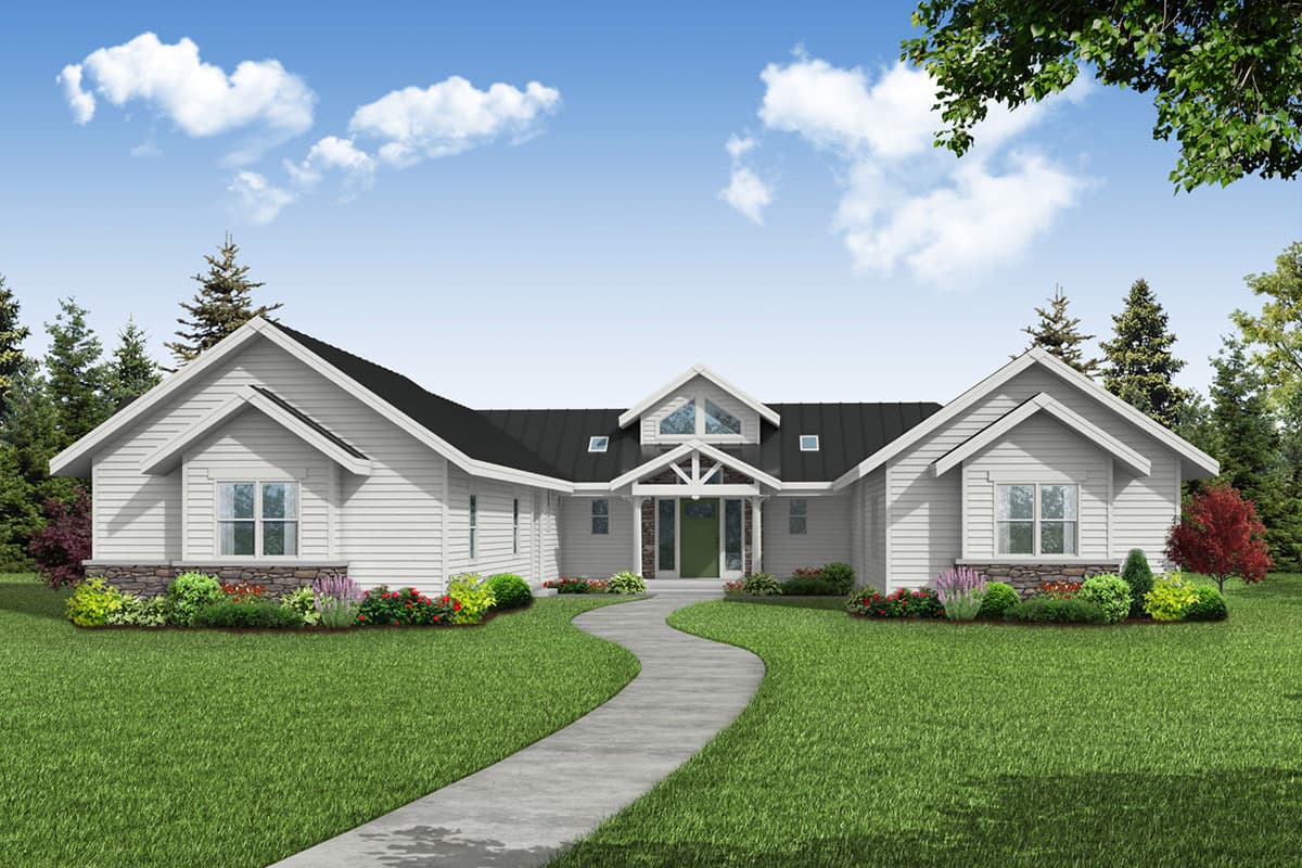 House plan exterior. Ranch style with a low-pitched roof, gabled entry, and a covered front porch supported by stone columns.