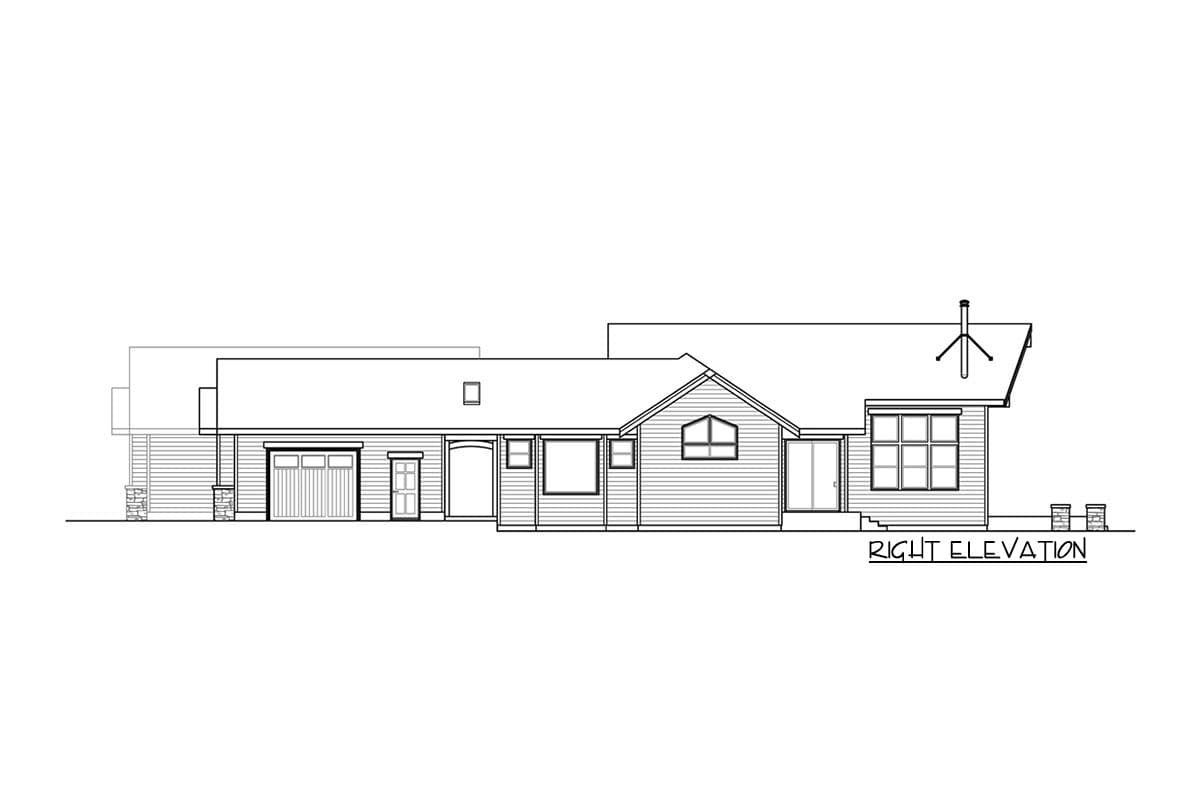 Right elevation of a single-story house plan with a garage, gabled dormer window, and horizontal siding.