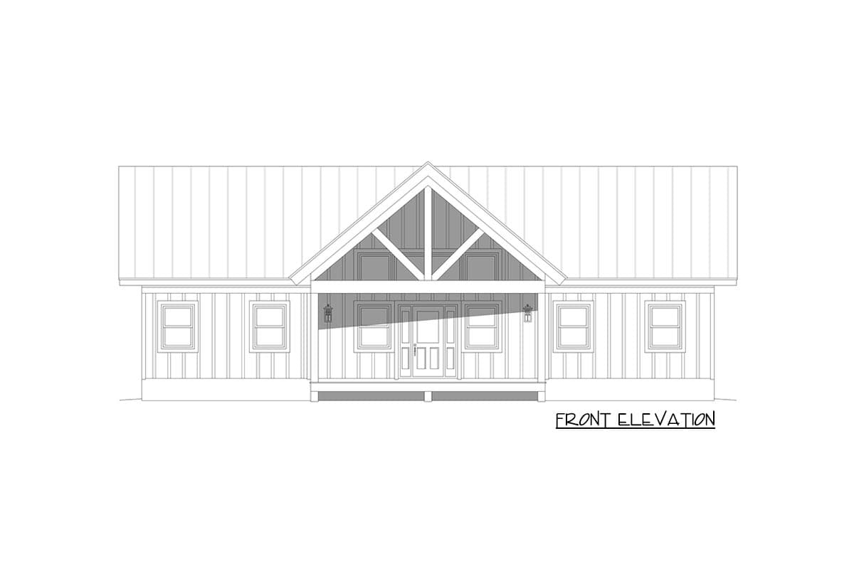 Front elevation drawing of a house plan with a prominent gable, covered porch, and four windows.