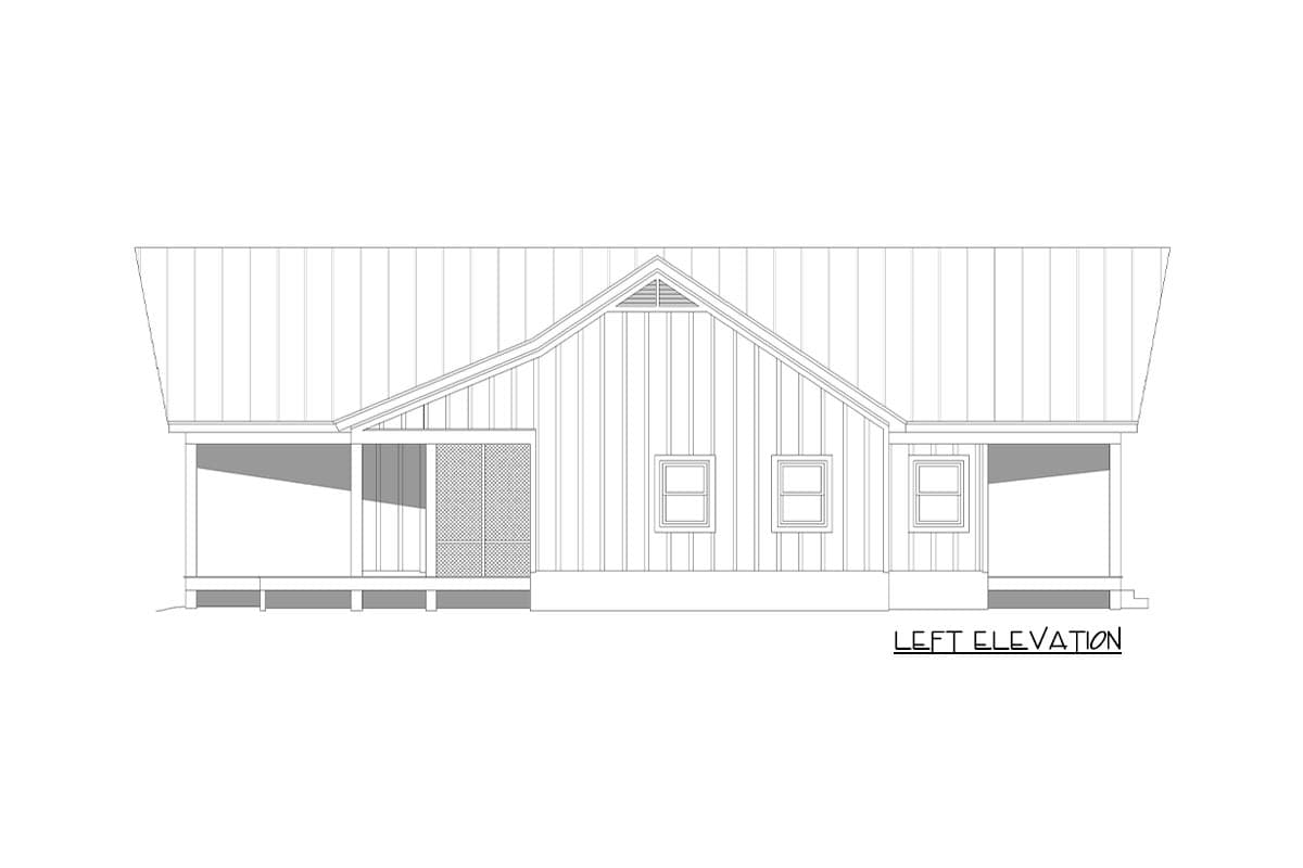 Left elevation drawing of a house plan featuring a prominent gable, vertical siding, and covered porches on both sides.