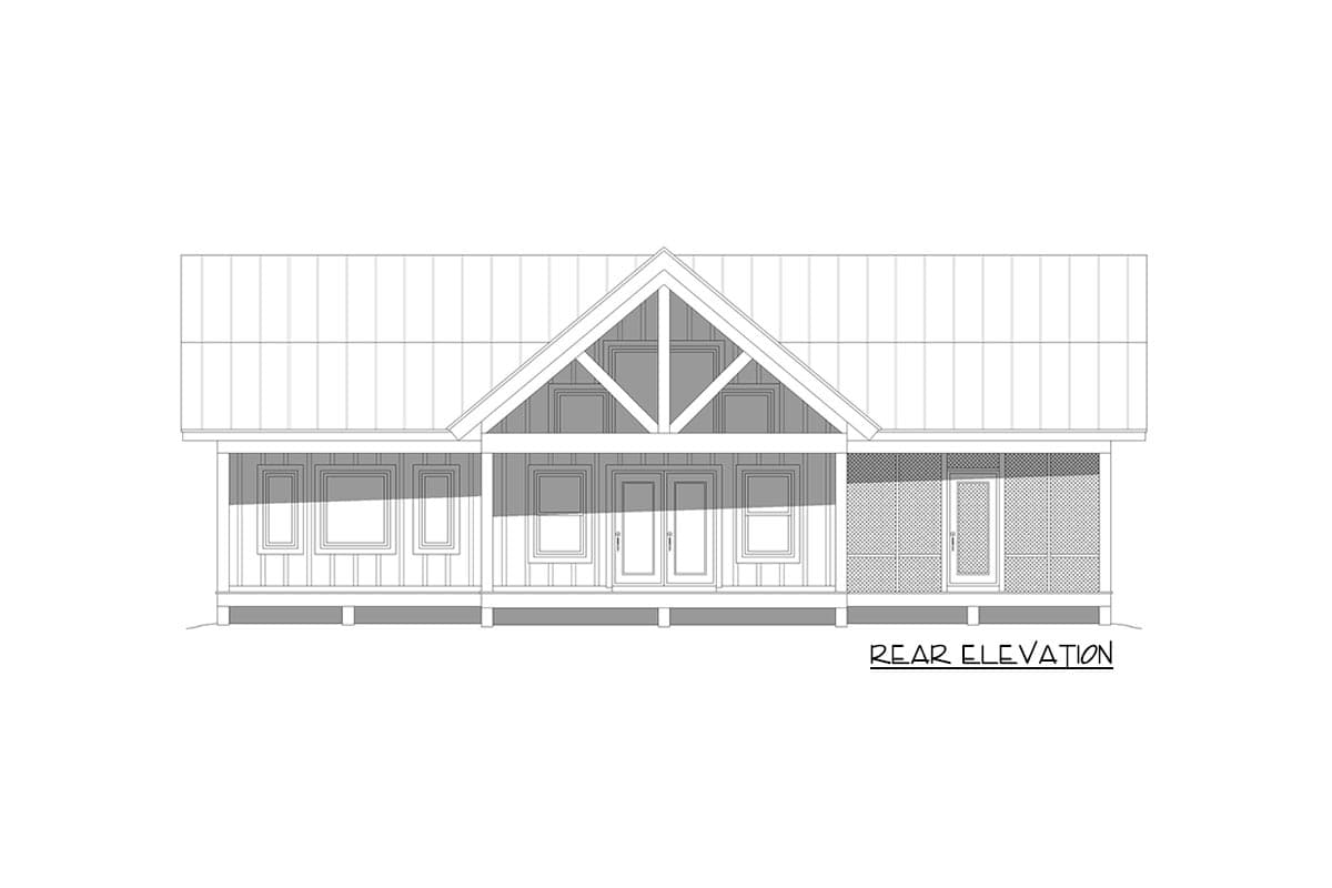 Rear elevation of a house plan featuring double doors, multiple windows, a covered porch, and a prominent gable with exposed beams.
