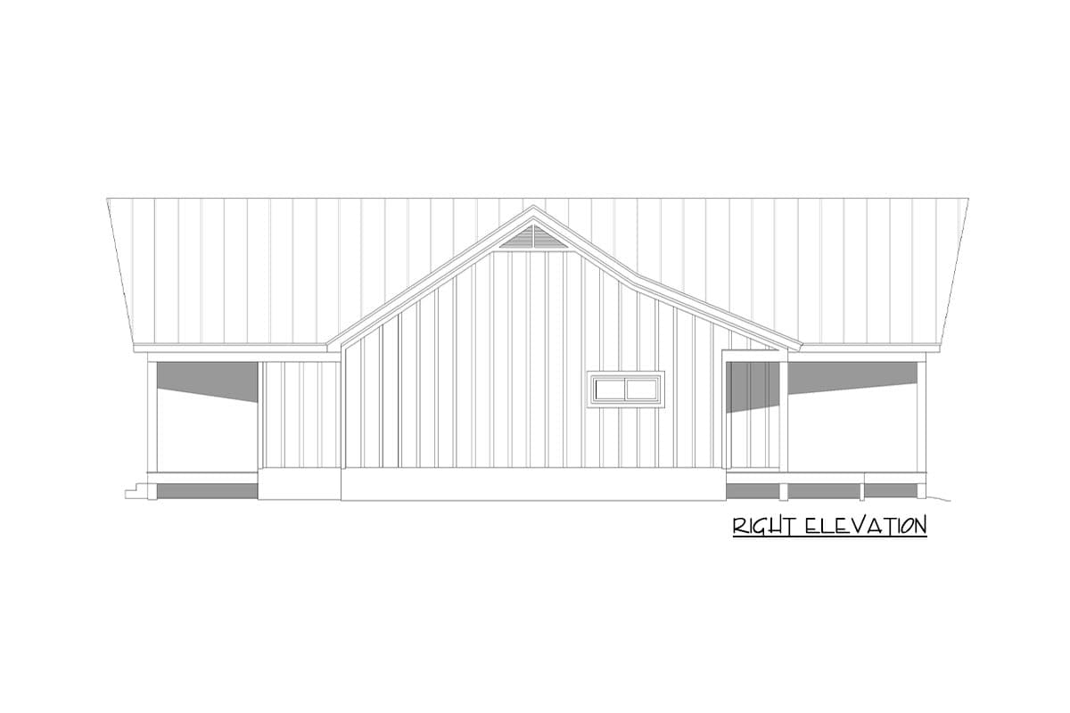 Right elevation drawing of a house plan showing a gable roof, vertical siding, covered porches, and a small window.