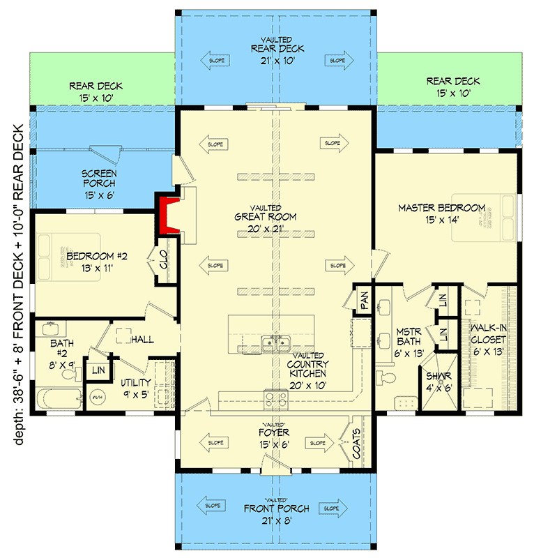 Plan 68911VR: Mountain Ranch with Vaulted Porches and Vaulted Interior - Floor Plan - Main Level - Craftsman, Mountain, Ranch