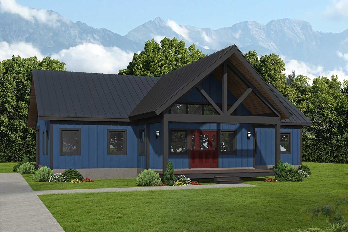 House plan exterior. One-story structure with gable roof and front porch. Features include exposed timber framing and board and batten siding.