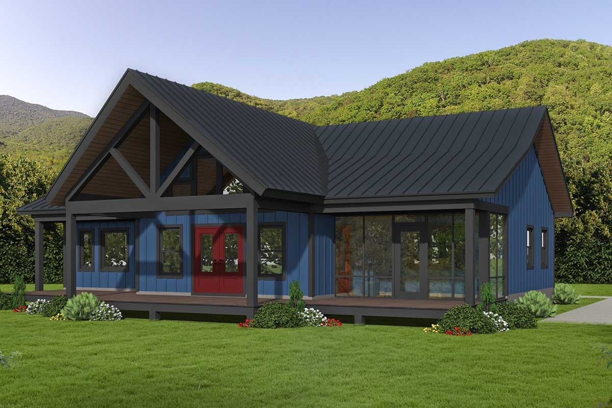 Modern house plan exterior with blue siding, prominent gables, dark metal roof, wrap-around porch, and red double doors.