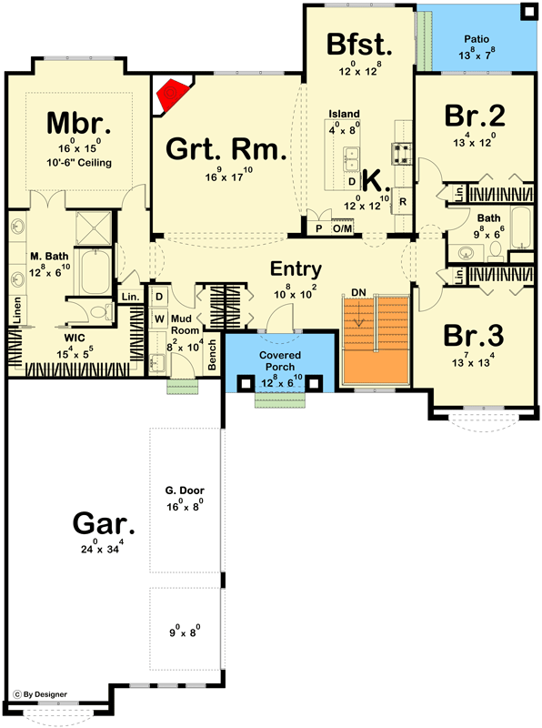 Plan 62439DJ: One-Story Mediterranean House Plan with Split Bedroom Layout - Floor Plan - Main Level - Coastal, European, Florida-Style, Mediterranean, Spanish, Tuscan