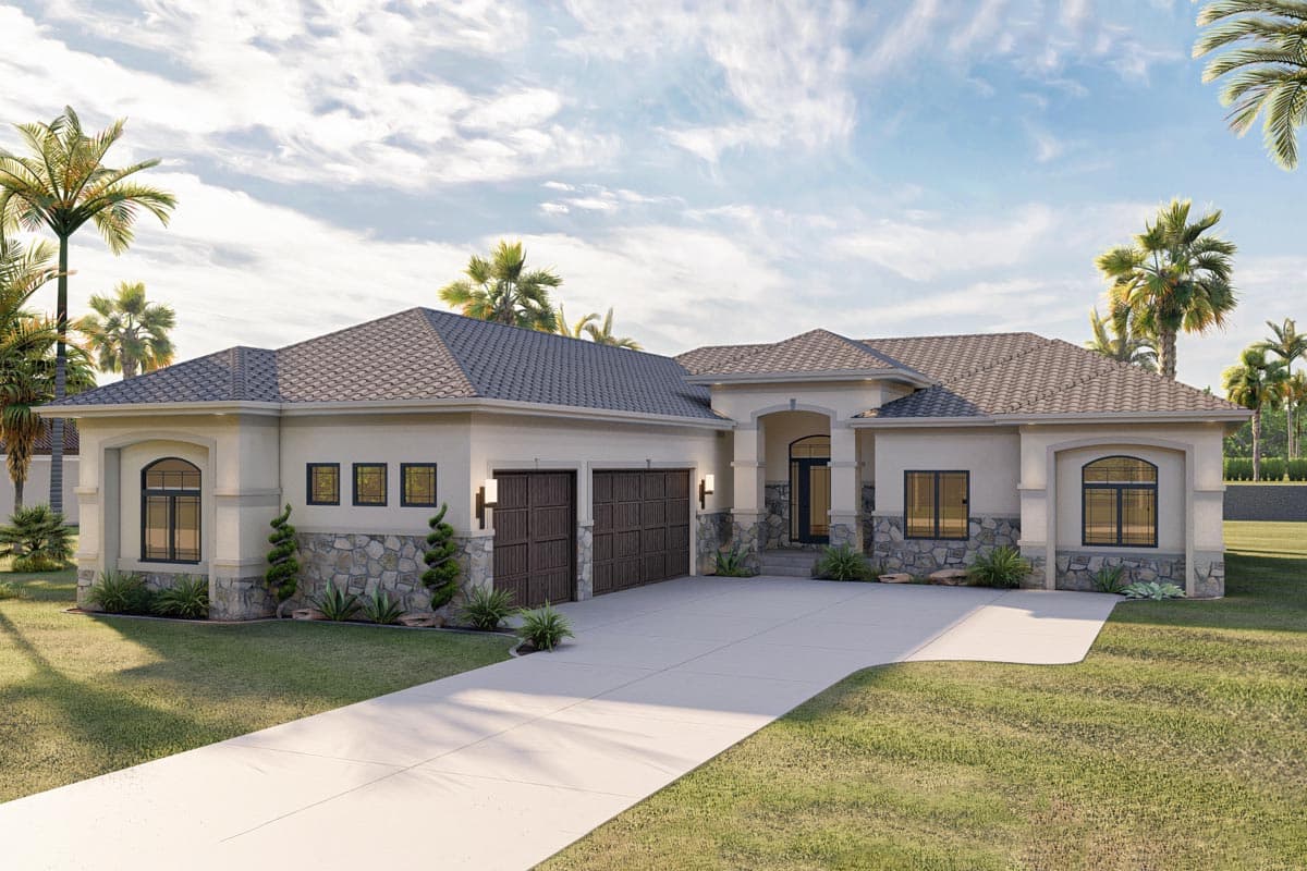 House plan exterior with stucco facade, arched entryway, and stone accents. Features a two-car garage and hipped roof.