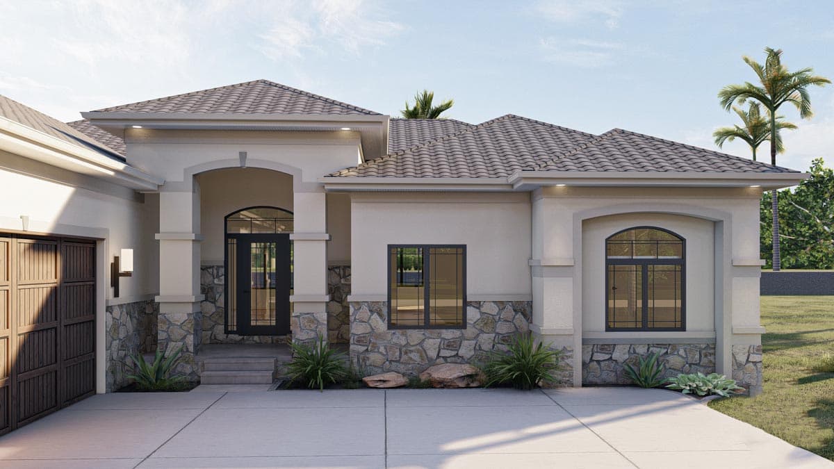House plan exterior: one-story residence with arched entryway, stone accents, tiled roof, and attached garage.