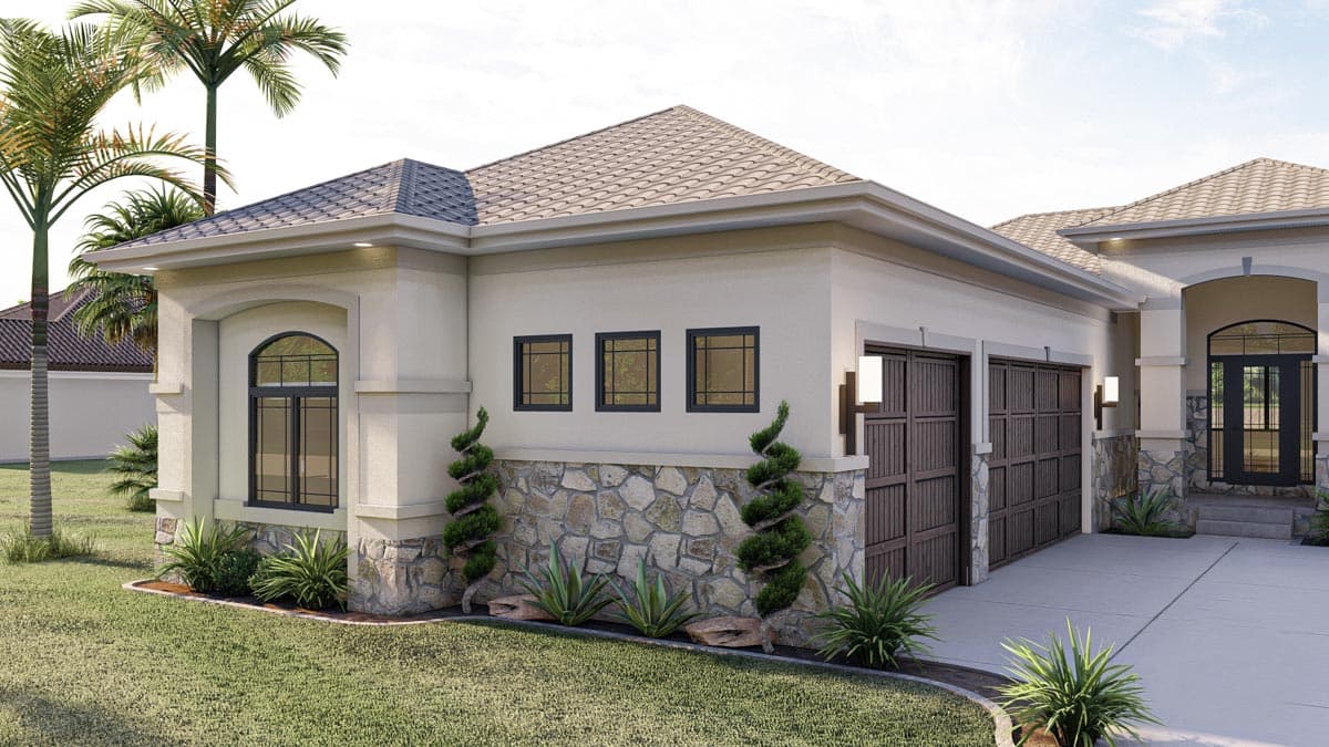 House plan exterior with stucco finish, stone accents, a tiled roof, arched windows, and a triple-car garage.