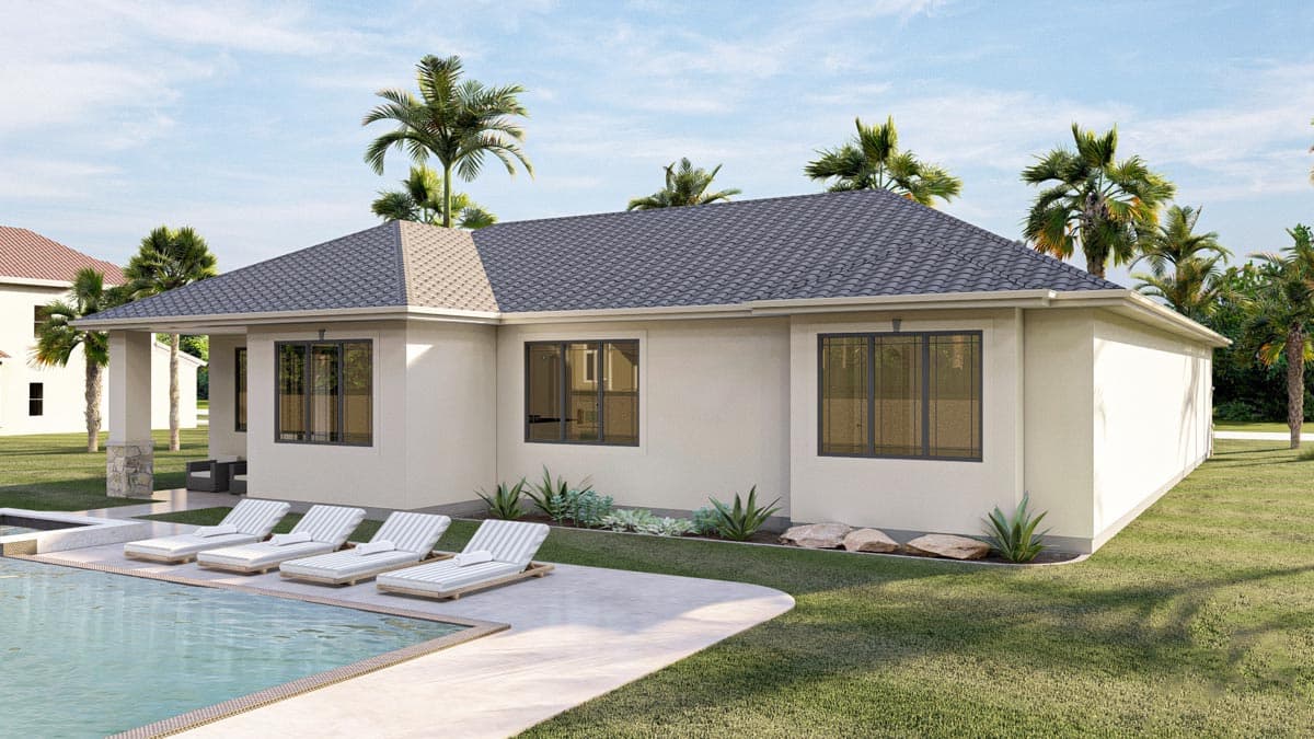 House plan exterior: One-story modern home with hipped roof, covered porch with stone columns, and multiple large windows.