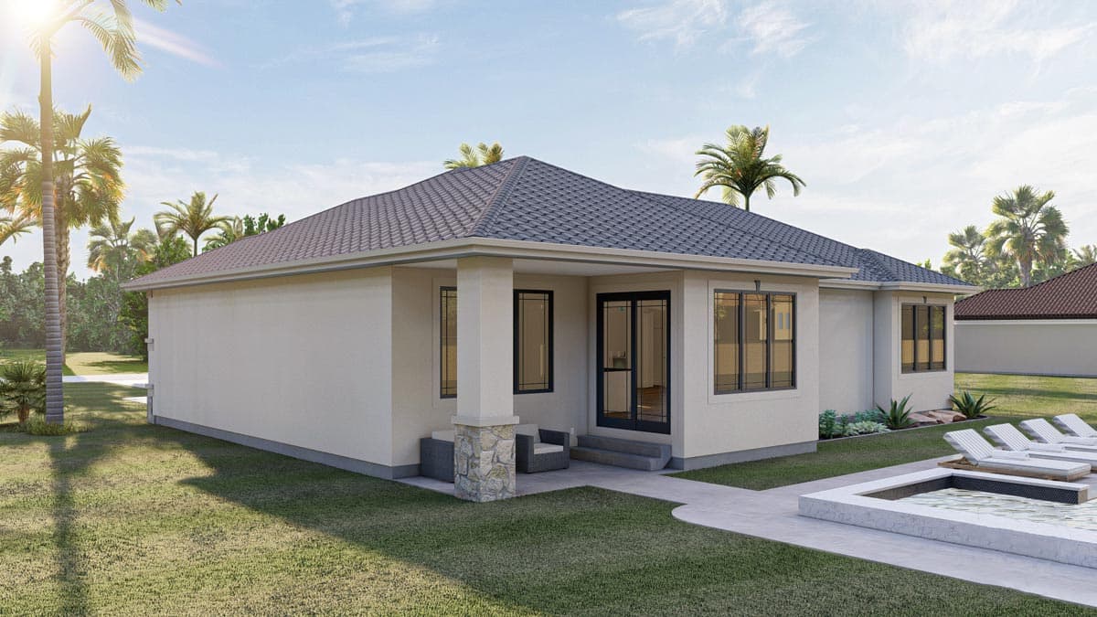 House plan exterior: single-story home with covered entry, large windows, and hipped roof.