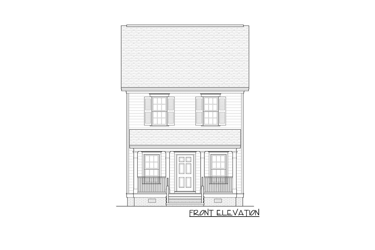Front elevation drawing of a two-story house with a gabled roof, front porch with columns, and double-hung windows with shutters.