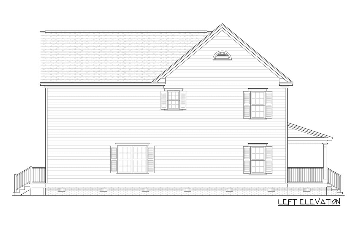 Left elevation house plan for a two-story home with gabled roof, dormer, covered porch, and shutters.