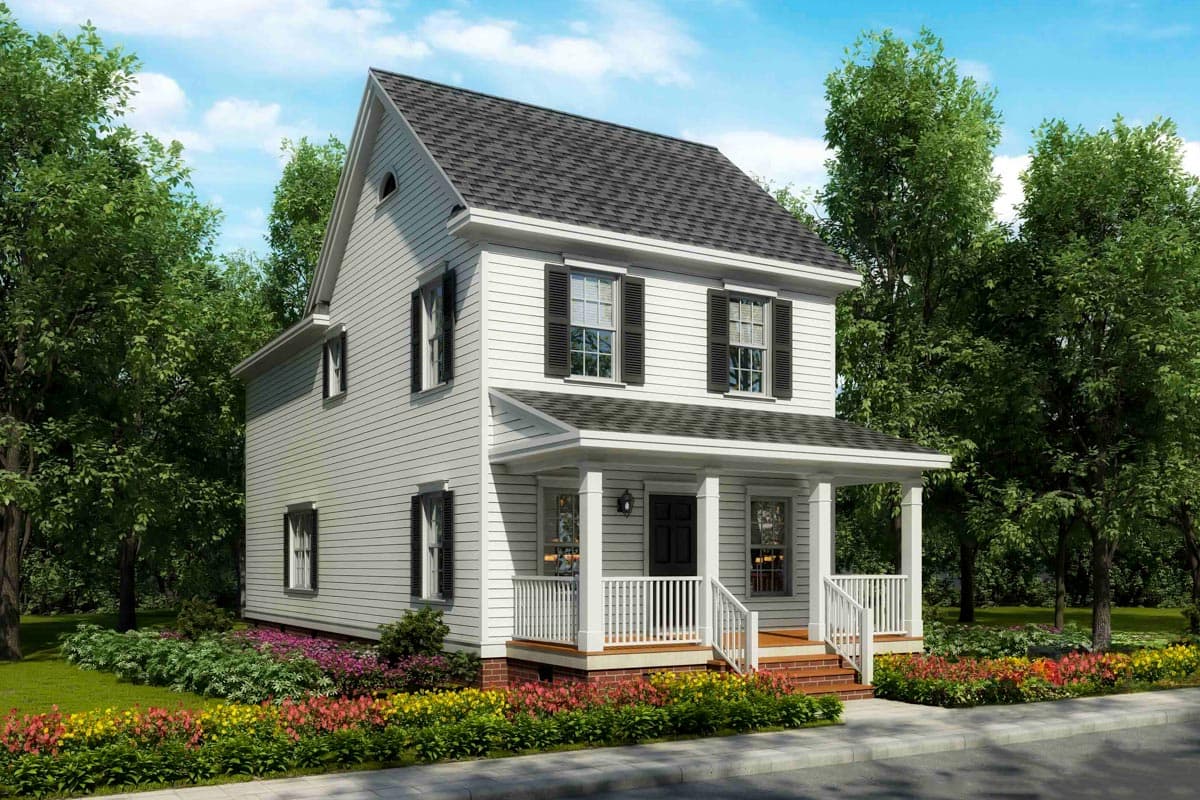 House plan exterior. Two-story Colonial style home with a front porch, gabled roof, and symmetrical window placement with black shutters.