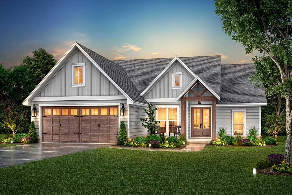 House plan exterior. Craftsman style, single story home with gables, a covered entry, and a two-car garage.