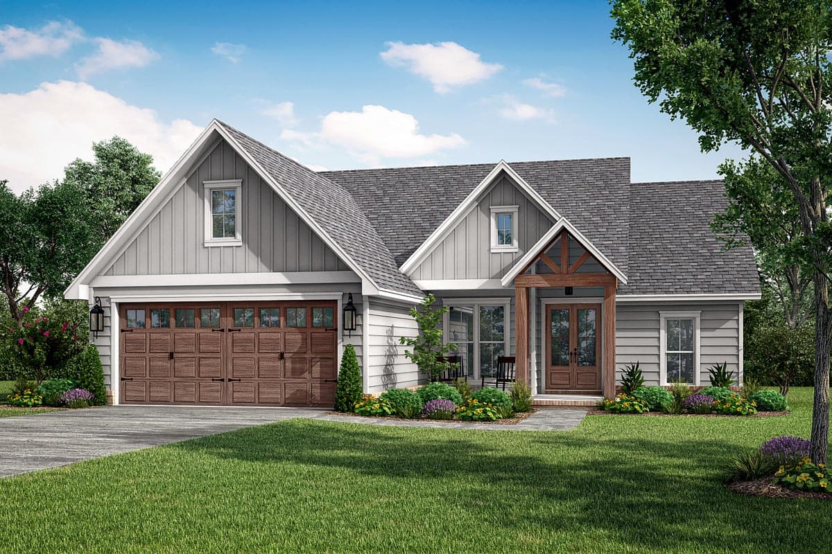 House plan exterior: Modern Farmhouse style, one-story, with a two-car garage, gabled dormer, and timber-framed entrance porch.