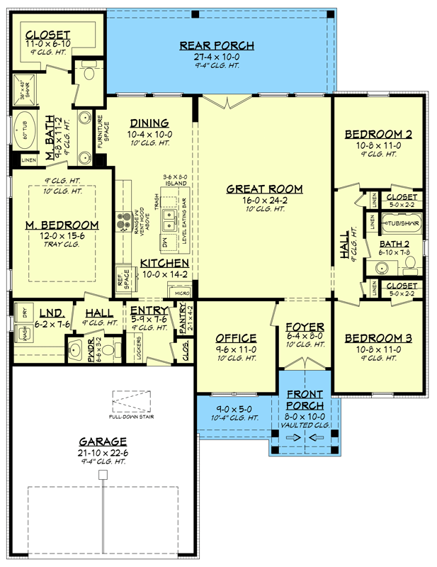 Plan 51893HZ: One-Story New American House Plan with a Home Office - 1828 Sq Ft - Floor Plan - Main Level - Country, Craftsman, Modern Farmhouse, New American, Traditional
