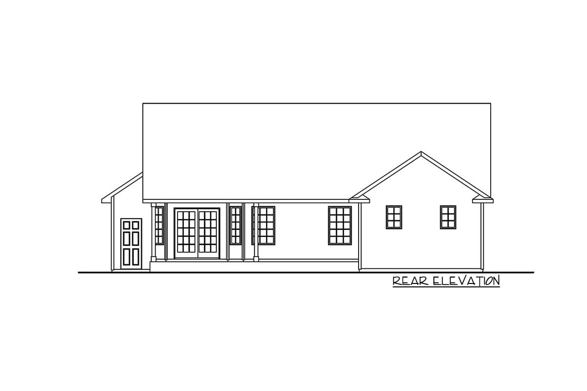 Rear elevation drawing of a house plan with a covered porch, double doors, and multiple windows.