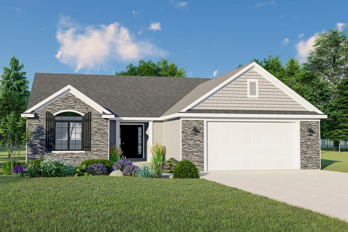 House plan exterior with a single story, stone accents, and a gable roof. Includes a two-car garage and a window with black shutters.