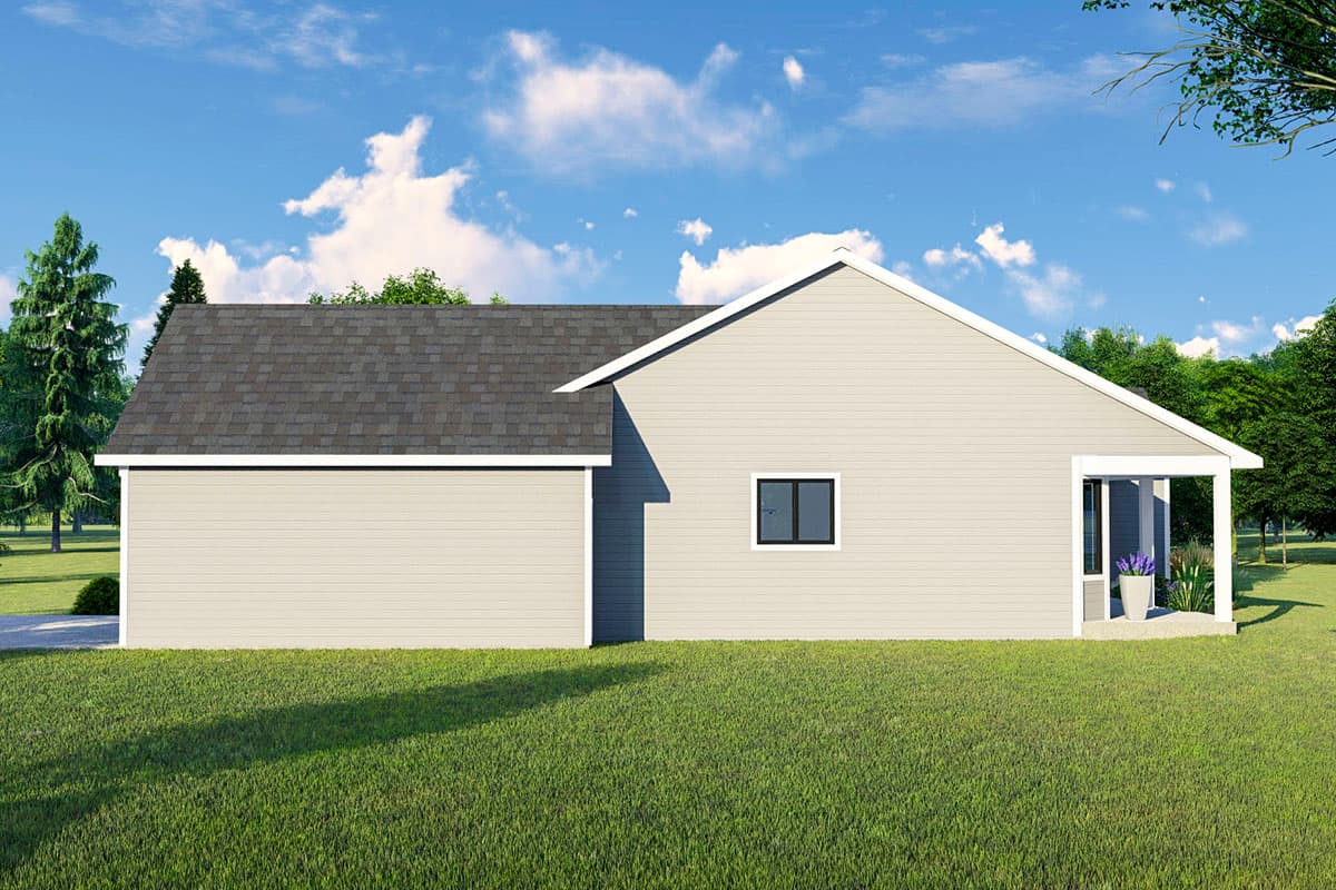 House plan exterior: single-story home with attached garage, gable roof, one window, and covered porch.