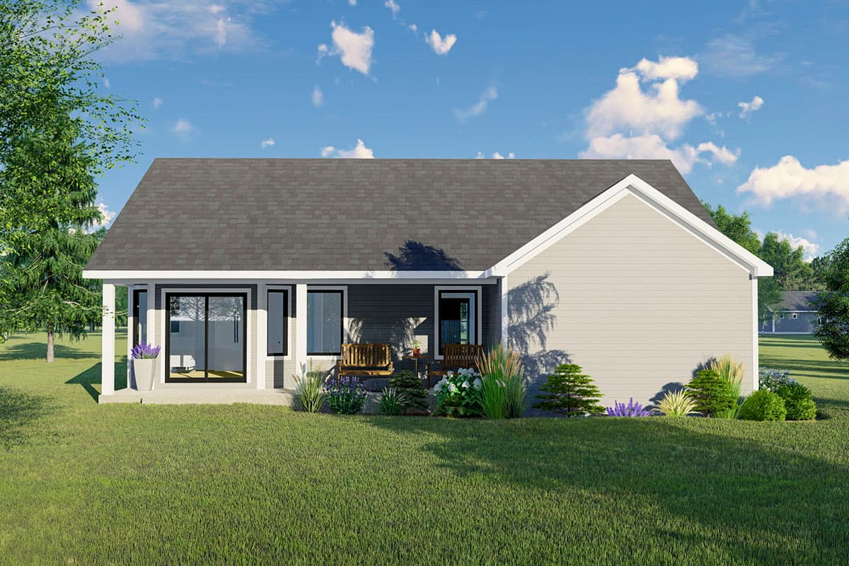 House plan exterior: one-story Modern Farmhouse with a covered porch, gable rooflines, and a sliding glass door.