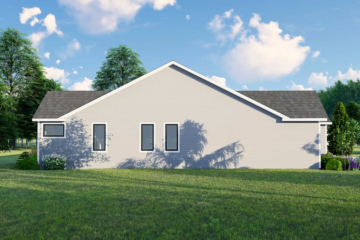 House plan exterior: single-story home with gabled roof, horizontal siding, and three windows on the side elevation.