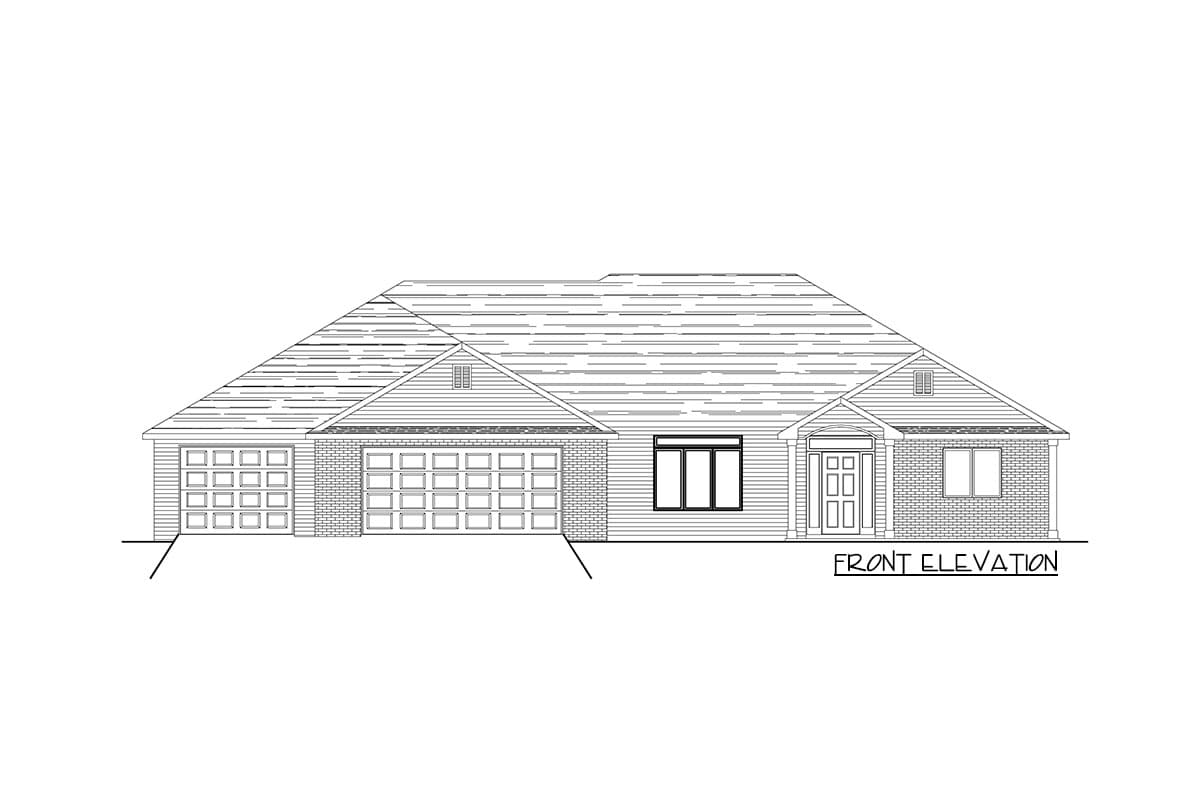 Front elevation drawing of a single-story house plan with a three-car garage, gabled dormers, and covered entry.