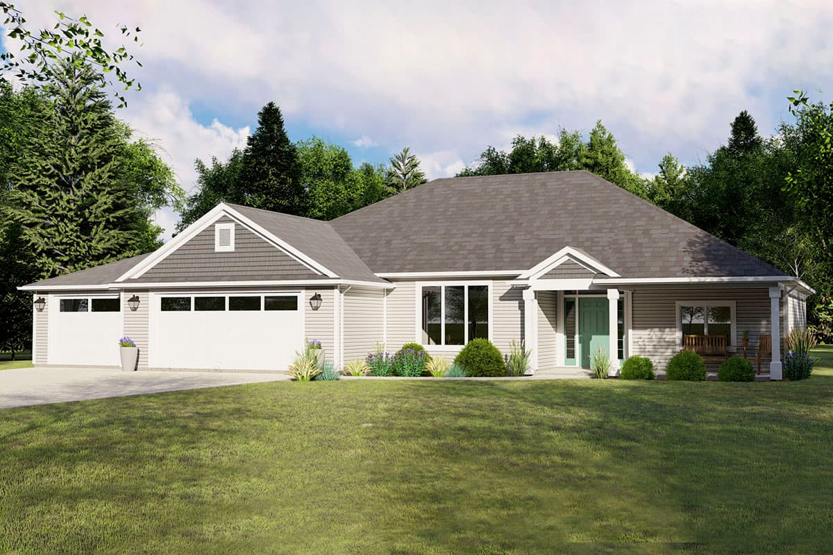 House plan exterior. Single-story Ranch with a two-car garage, front porch, and gable roof. Features include lap siding and decorative trim.