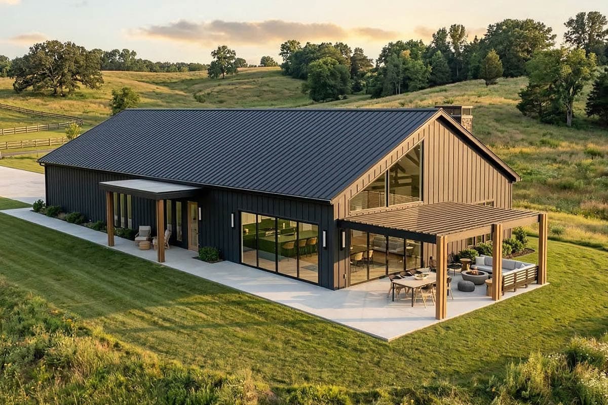 Plan 623082DJ: Barndominium House Plan with Soaring Cathedral Ceiling and Exposed Beams - Image #2 - Barndominium, Country, Modern, New American, Rustic