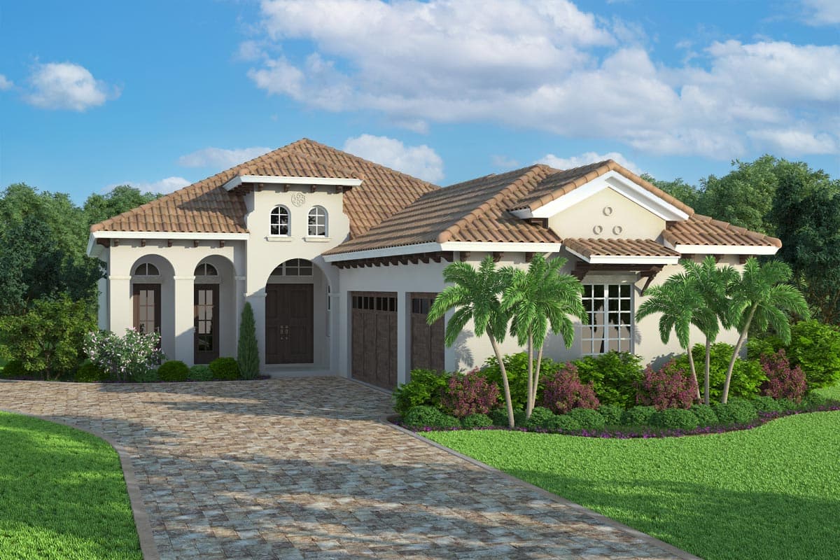 House plan exterior. Mediterranean style, one-story home with tile roof, arched entry, dormers, and attached garage. Driveway and landscaping visible.