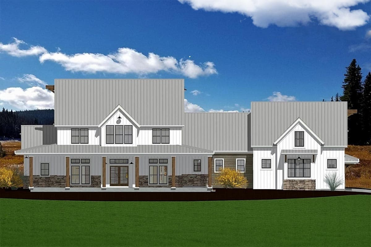 House plan exterior. Modern Farmhouse style with a single story, a wraparound porch, gabled rooflines, and stone accents.