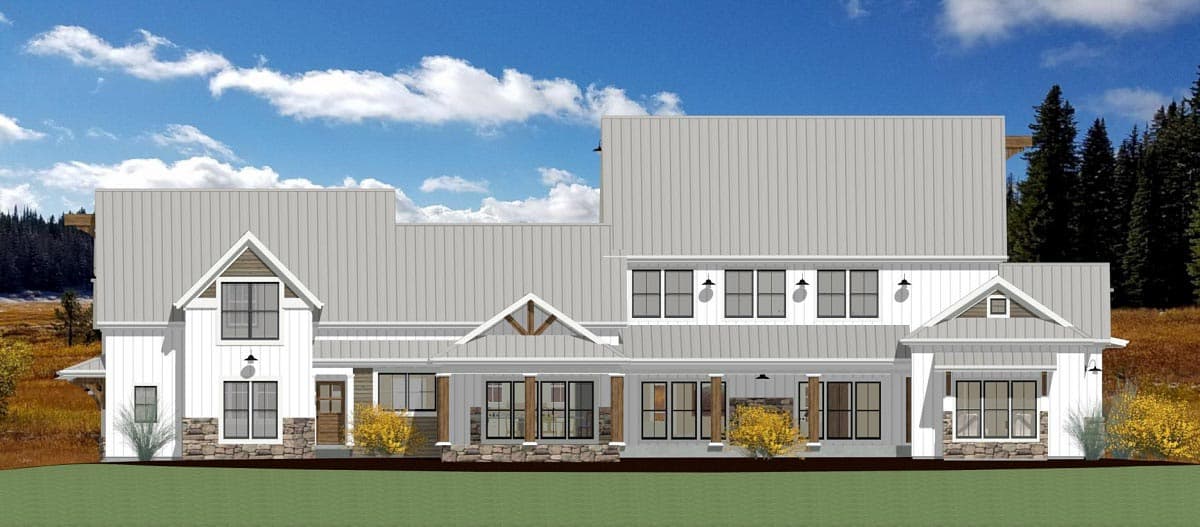 House plan exterior. Modern Farmhouse style, two stories, with gabled dormers, stone accents, and a covered porch.