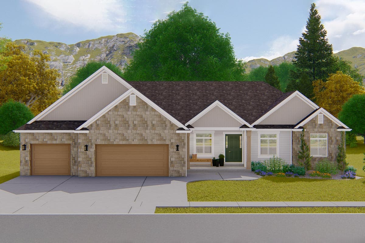 House plan exterior. Ranch style with stone accents and a gable roof. Features include a two-car garage and covered front porch.