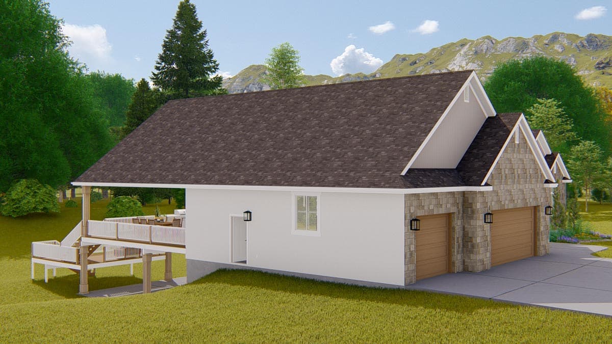 House plan exterior featuring a stepped foundation, deck with railings, stone facade on garage, and gabled dormers.